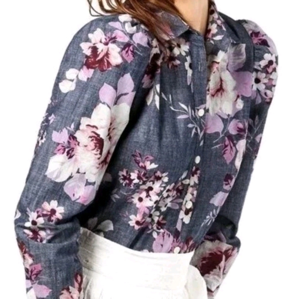 JILL‎ STUART Gray/Purple Floral Blouse Size 14 Like New